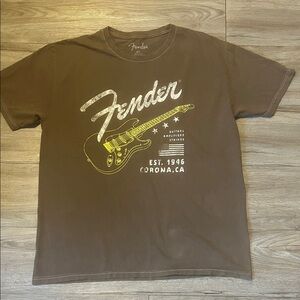 Fender Brown Tee with Yellow Guitar Graphic